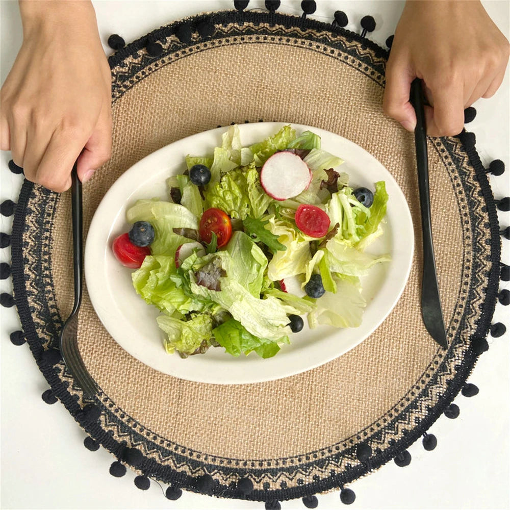 Vintage Pastoral Round Cotton Linen Placemats Handwoven Jute Tassels Placemats Soft Non-slip Table Pads Vase Mats Accessories