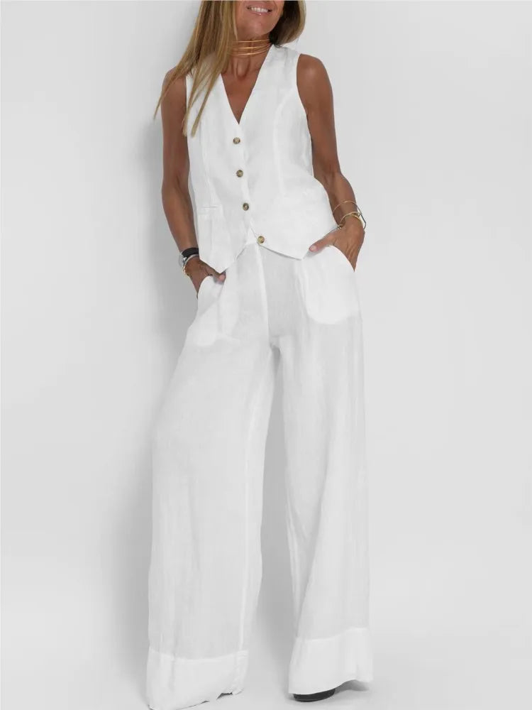 Ensemble gilet et pantalon tendance pour femme, ensemble décontracté en coton uni, patchwork, sans manches, haut boutonné et pantalon, ensemble 2 pièces pour le bureau