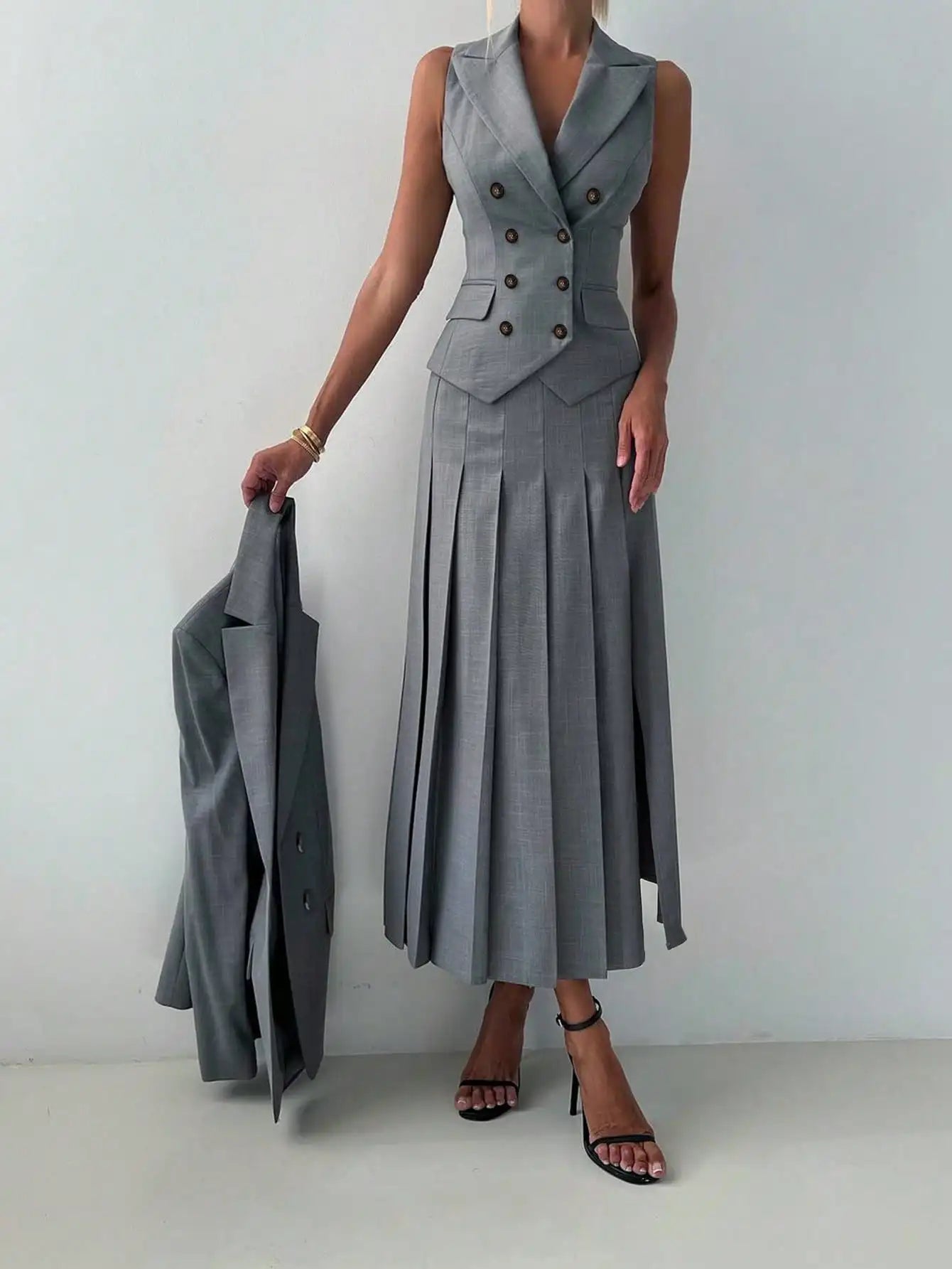Conjunto de 3 piezas de traje elegante de negocios para mujer: Chaleco entallado para primavera/verano, falda midi plisada, adecuado para la mujer de oficina
