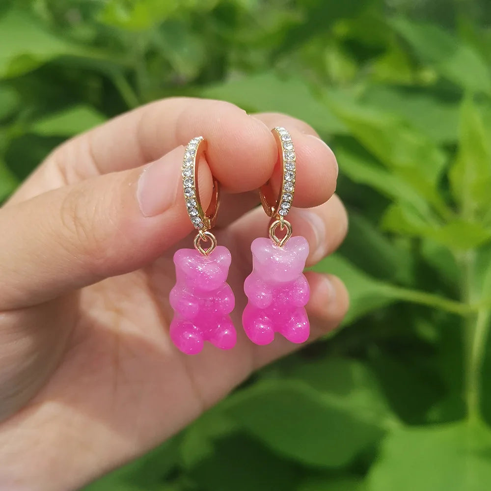 Pendientes colgantes de oso de gominola de acrílico bonitos para mujer, pendientes de aro de oso arcoíris CZ, joyería dulce de niña, moda coreana 2022