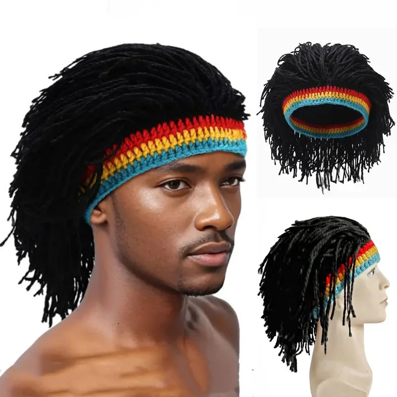 African Men Women Jamaican Braid Wig Knitted Hat Handmade Dreadlocks Hair Synthetic Wig Halloween Cosplay Party Wig Headwear