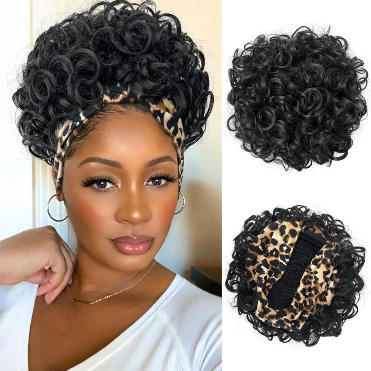Pelucas Grandes Rizadas con Diademas Adheridas para Mujeres Negras Pelucas Cortas de Pelo Rizado Sintéticas para Mujeres Negras con 2 Clips Seguros