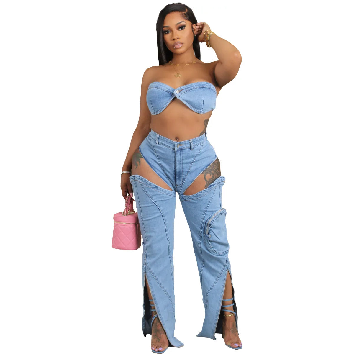 Conjuntos de pantalones de mezclilla para mujer Ropa de calle sexy Conjunto de dos piezas Top sin mangas con envoltura en el pecho sin espalda Jeans calados