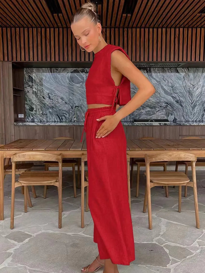 Cotton And Linen Pant Sets Women Sleeveless Leace-up Short Tops Drawstring Long Pants Two Piece Set Commuting 2025 Summer New