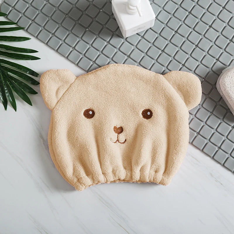 Gorro de pelo seco para mujer, de secado rápido, absorbente, de microfibra gruesa, toalla para la cabeza, gorro de ducha coreano bonito con oso bordado