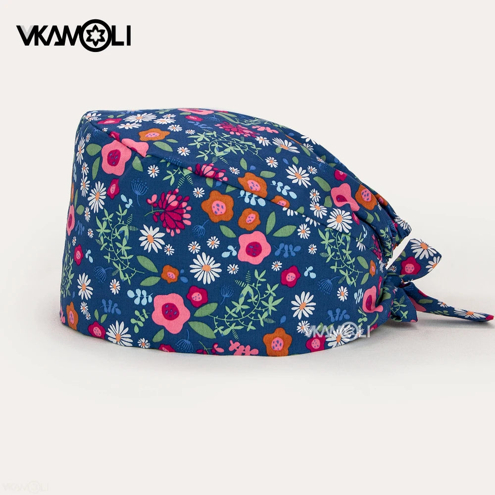 Gorros de enfermería de moda ajustables de algodón con estampado de flores Sombreros ajustables de alta calidad que absorben el sudor Gorro elástico multicolor