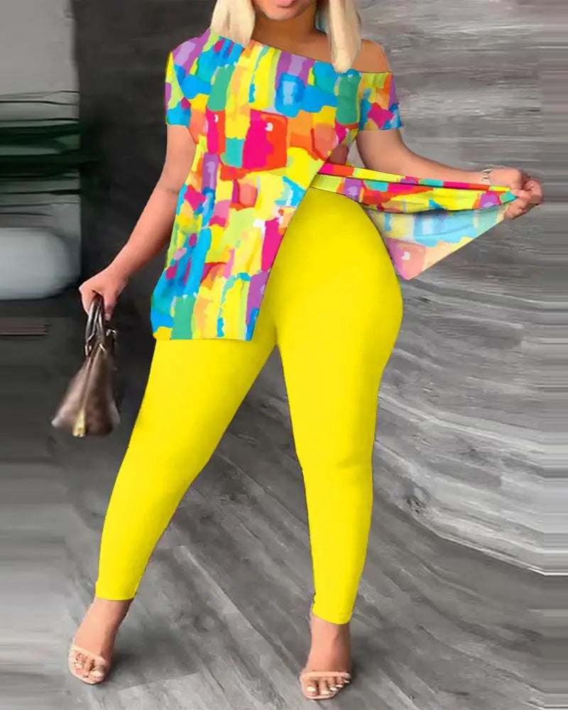 Conjuntos de dos piezas elegantes para mujer, nueva moda, estampado, top de manga con volantes, conjunto de pantalones de color sólido con cinturón, blusas, ropa femenina