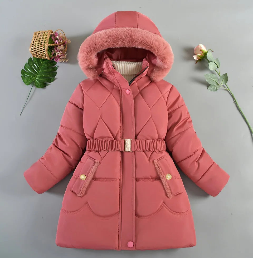 New Winter Keep Warm Girls Jacket Thick Solid Color Fur Collar Hooded Parkas Coat For 4-10 Years Kids Children Outdoor Outerwear
