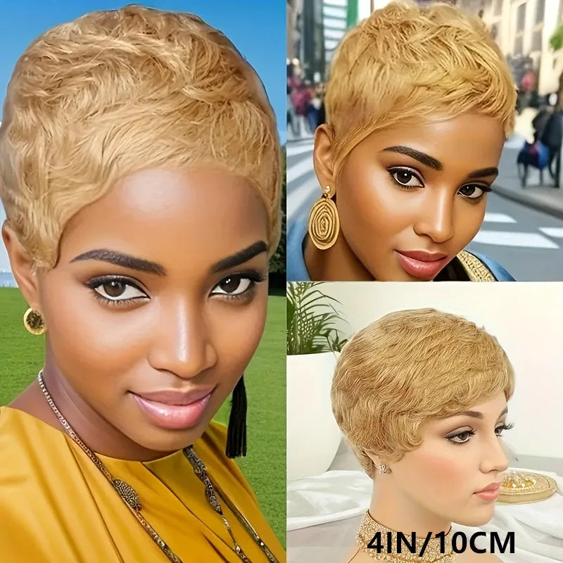 Perruque en cheveux humains, densité 150 %, 27# couleur, coupe pixie courte, droite et dégradée de 4 pouces, fabriquée à la machine, pour usage quotidien