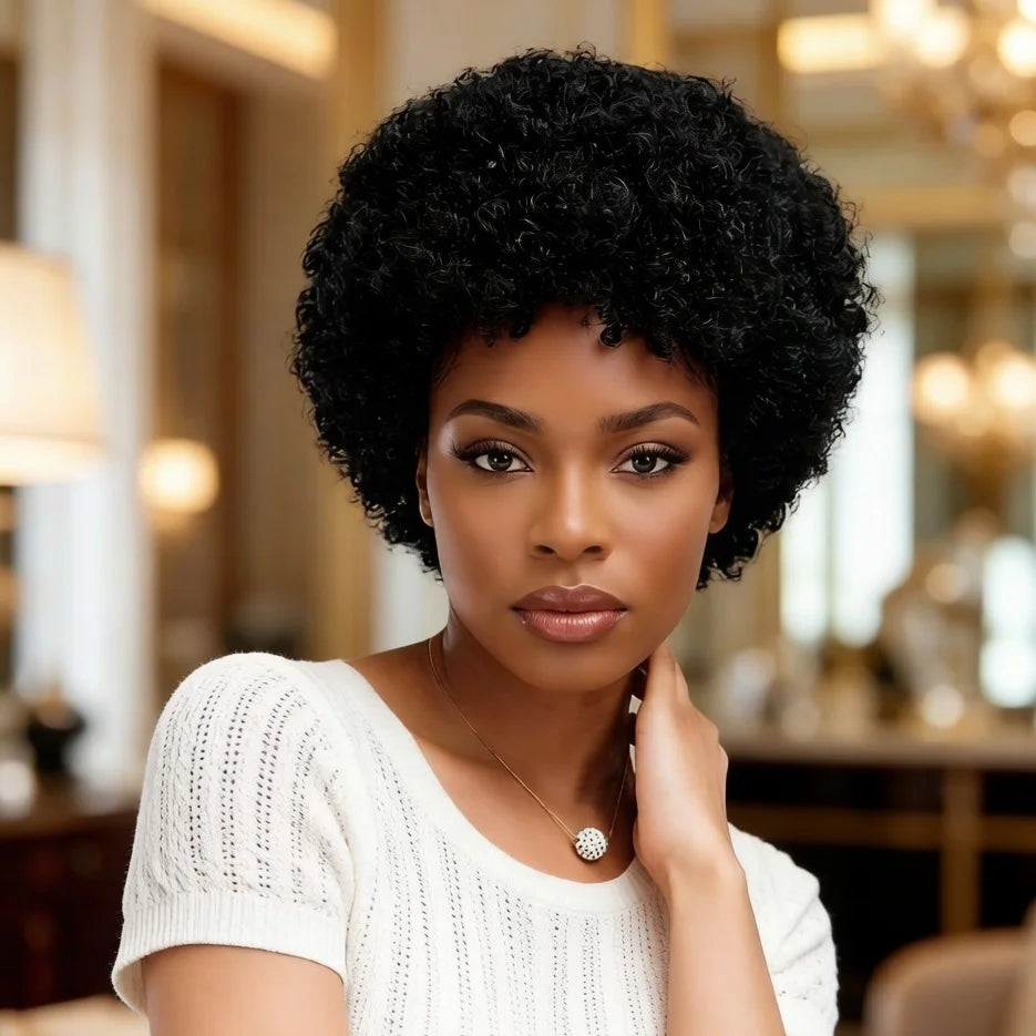 Pelucas de Cabello Humano Rizado Afro Kinky Brasileño de 8 Pulgadas para Mujeres Pelucas Completas Hechas a Máquina para Uso Diario