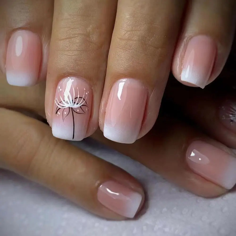 Uñas postizas francesas de cabeza cuadrada, impermeables, manicura usable, color nude degradado, uñas a presión, cubierta completa, puntas de uñas brillantes para mujer