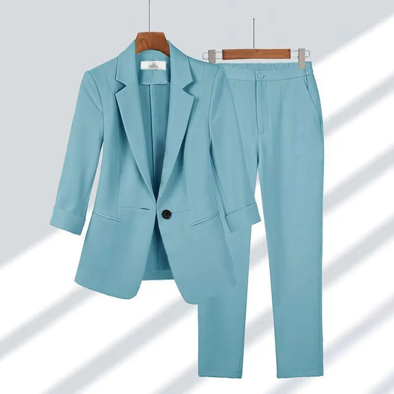Women Blazer Pants Suits Single Button Turn Down Collar Cardigan Long Sleeve Pockets Office Lady Loose Solid Pencil Pants