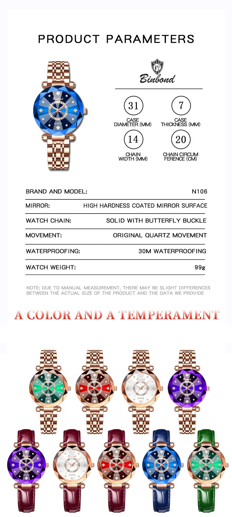 Reloj de Mujer de Lujo Ligero a la Moda con Diamantes, Reloj de Cuarzo Elegante Impermeable V005