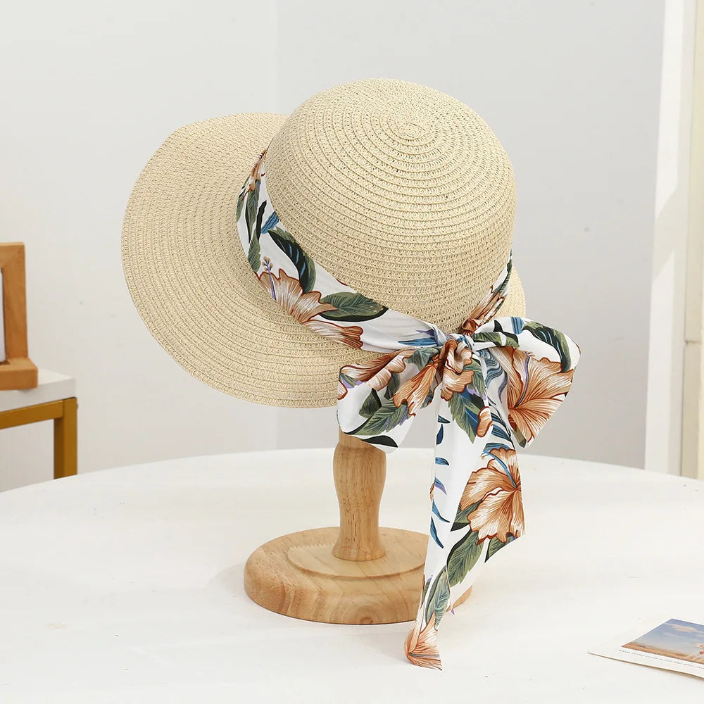 Sombrero de sol de verano estilo bohemio para mujer, protección solar, gorra de pescador de paja de playa, visera de encaje con lazo grande a la moda