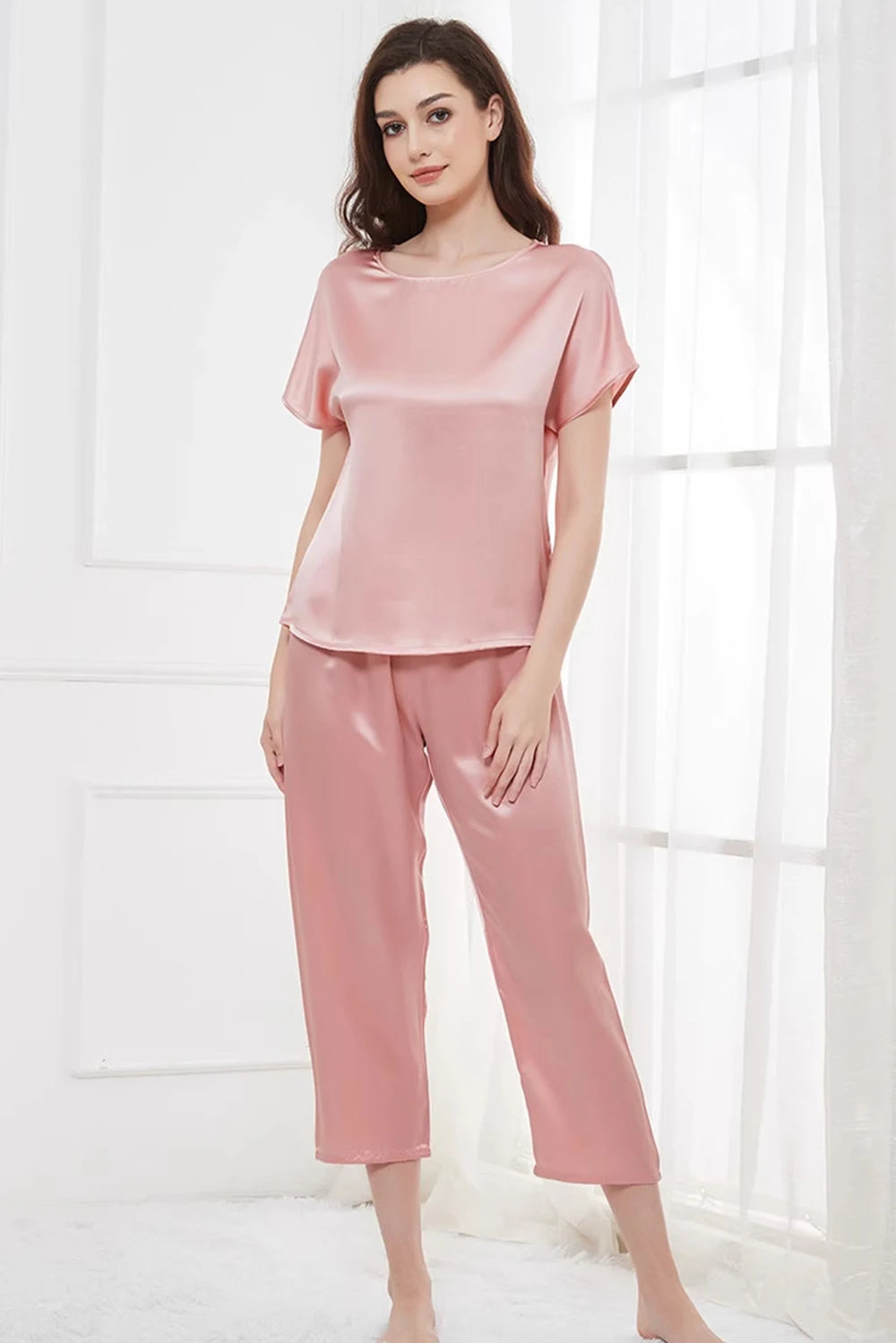 Conjunto de pijama de 2 piezas para mujer, pantalones capri, top de manga corta, seda de morera de 19 mommes, ropa de dormir, pijamas, ropa de estar por casa M-3XL