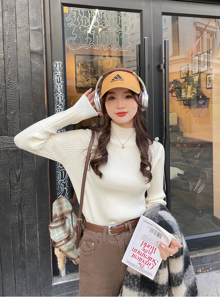 Suéter de otoño invierno para mujer, jerséis, tops de manga larga, ropa, suéter suave de punto delgado, ropa de calle, suéter de cuello alto con botones