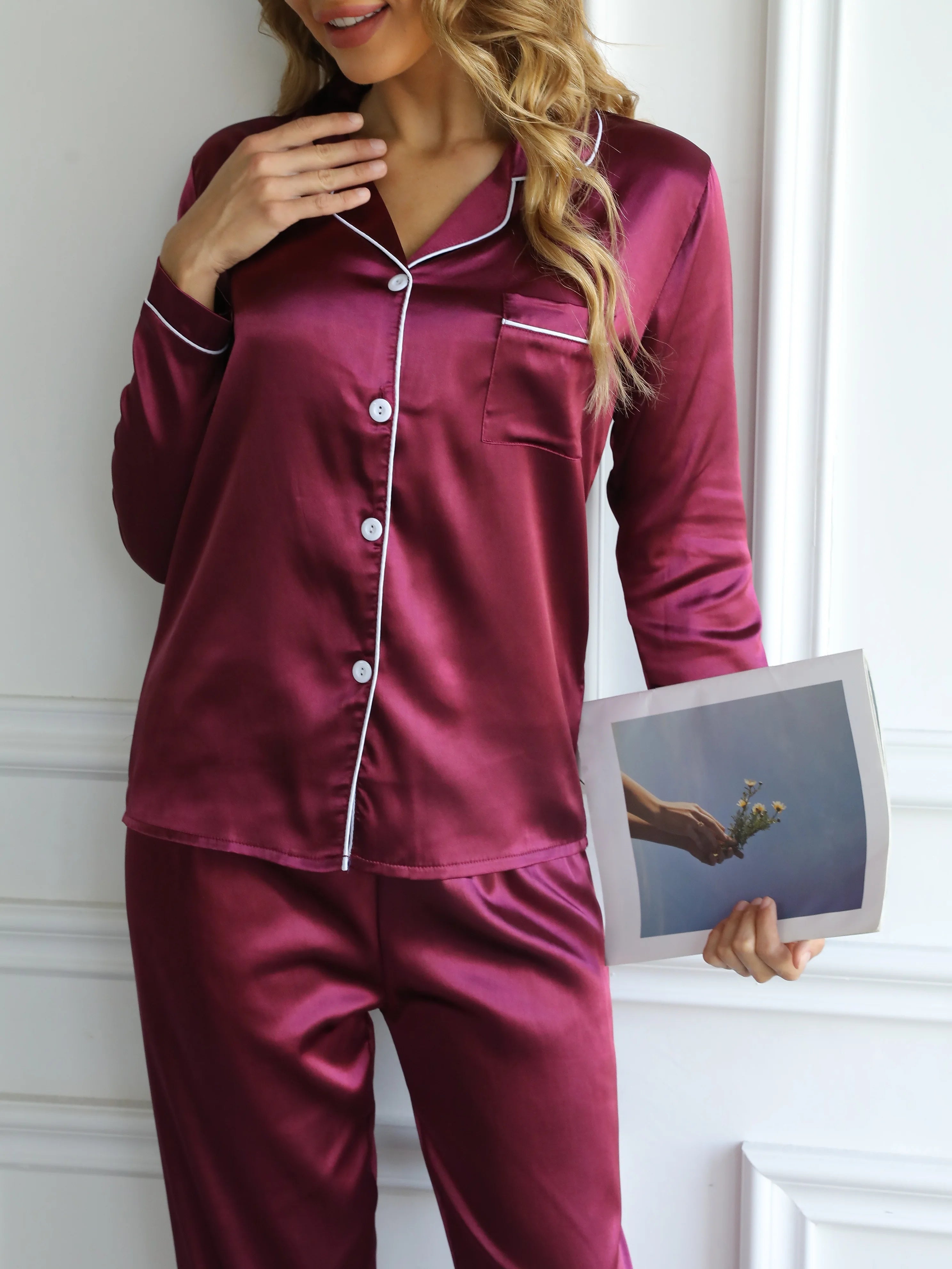 Conjunto de pijama liso de manga larga con botones y cuello tipo solapa, top y pantalones, conjunto de ropa de dormir y de estar para mujer