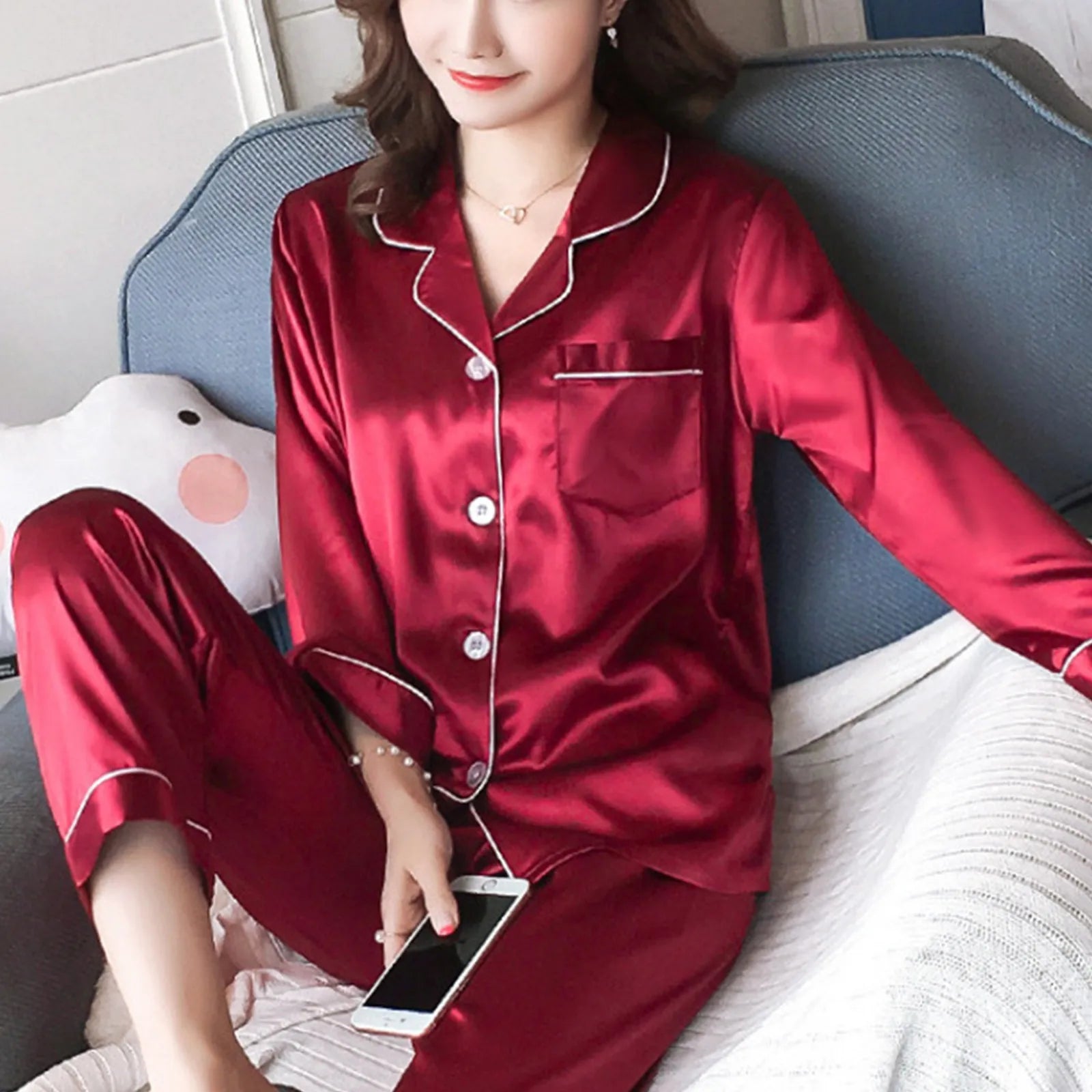 Pijama de seda para mujer, sexy, conjunto de pijama de seda para mujer, ropa de dormir, cárdigan de manga larga, de seda de hielo para casa, pijama de mujer verano 2025