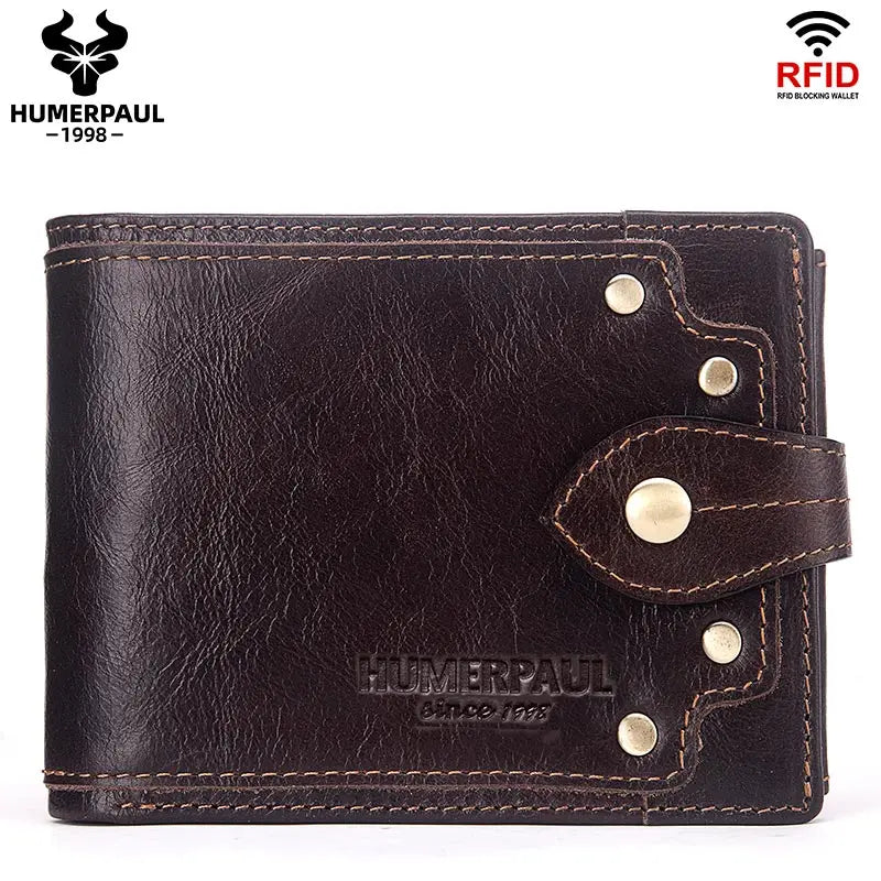 HUMERPAUL Lujosa cartera de cuero 100 % genuino para hombre, delgada, minimalista, duradera, con monedero, bolsillo para monedas, bloqueo de tarjetas de crédito.
