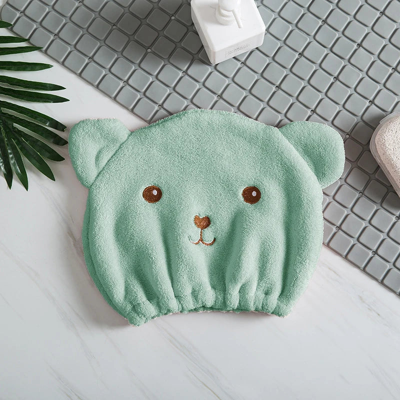 Gorro de pelo seco para mujer, de secado rápido, absorbente, de microfibra gruesa, toalla para la cabeza, gorro de ducha coreano bonito con oso bordado