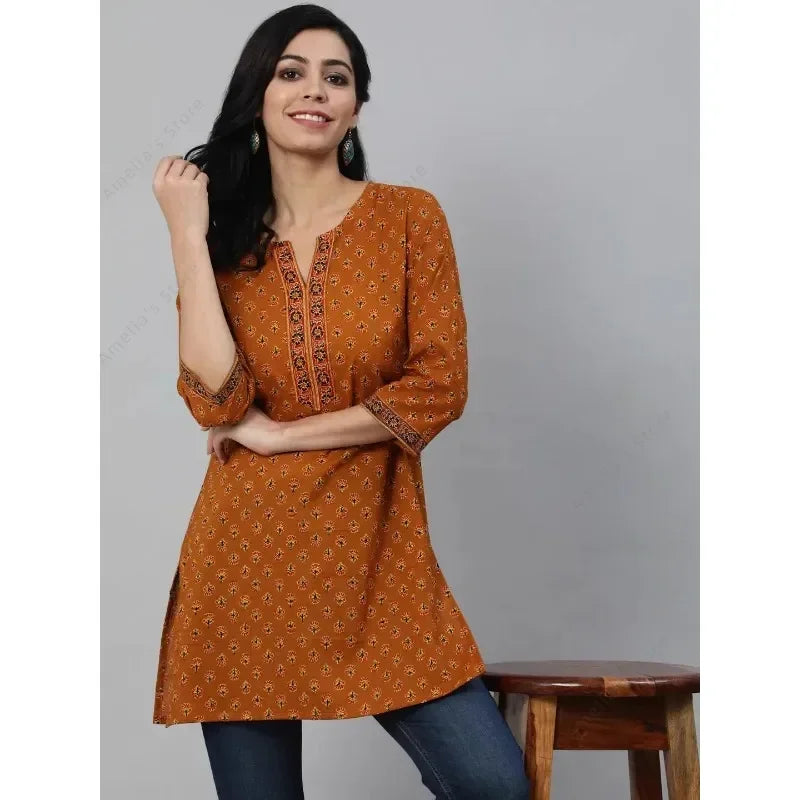 Indian Ethnic Women's Printed Kurta Top Lightweight Flannel Cotton with Three-Quarter Sleeves 4 Color Options India Dress