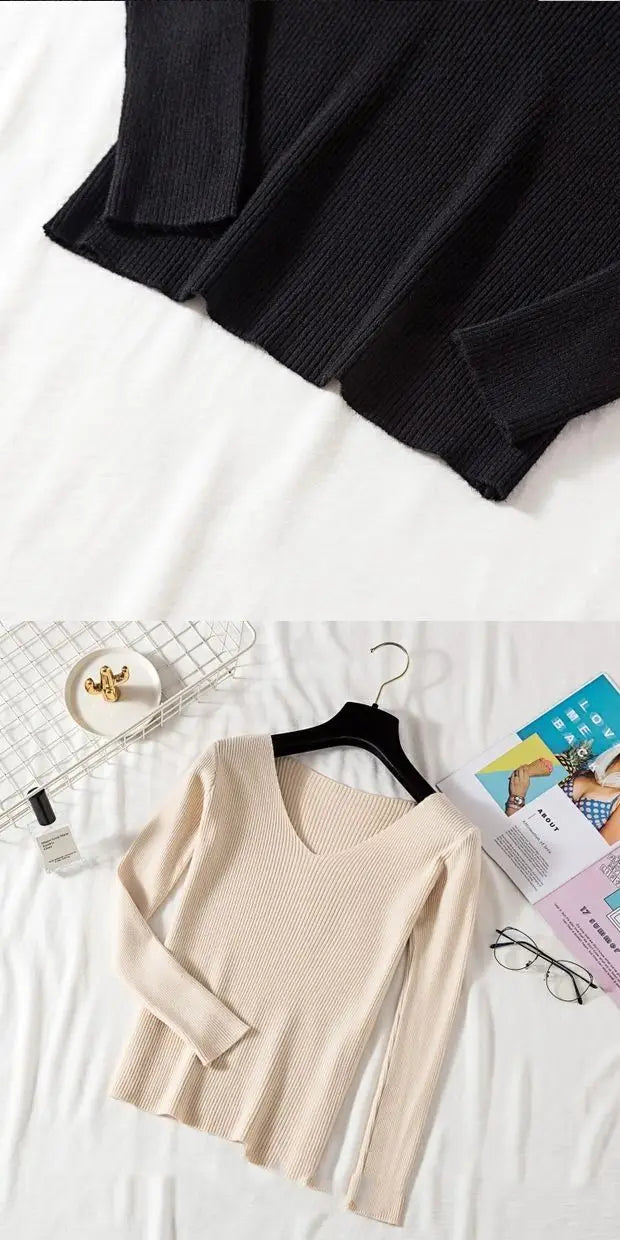 Suéter de mujer nuevo otoño invierno de manga larga jersey básico top de moda cuello en V elástico femenino invierno de punto sólido