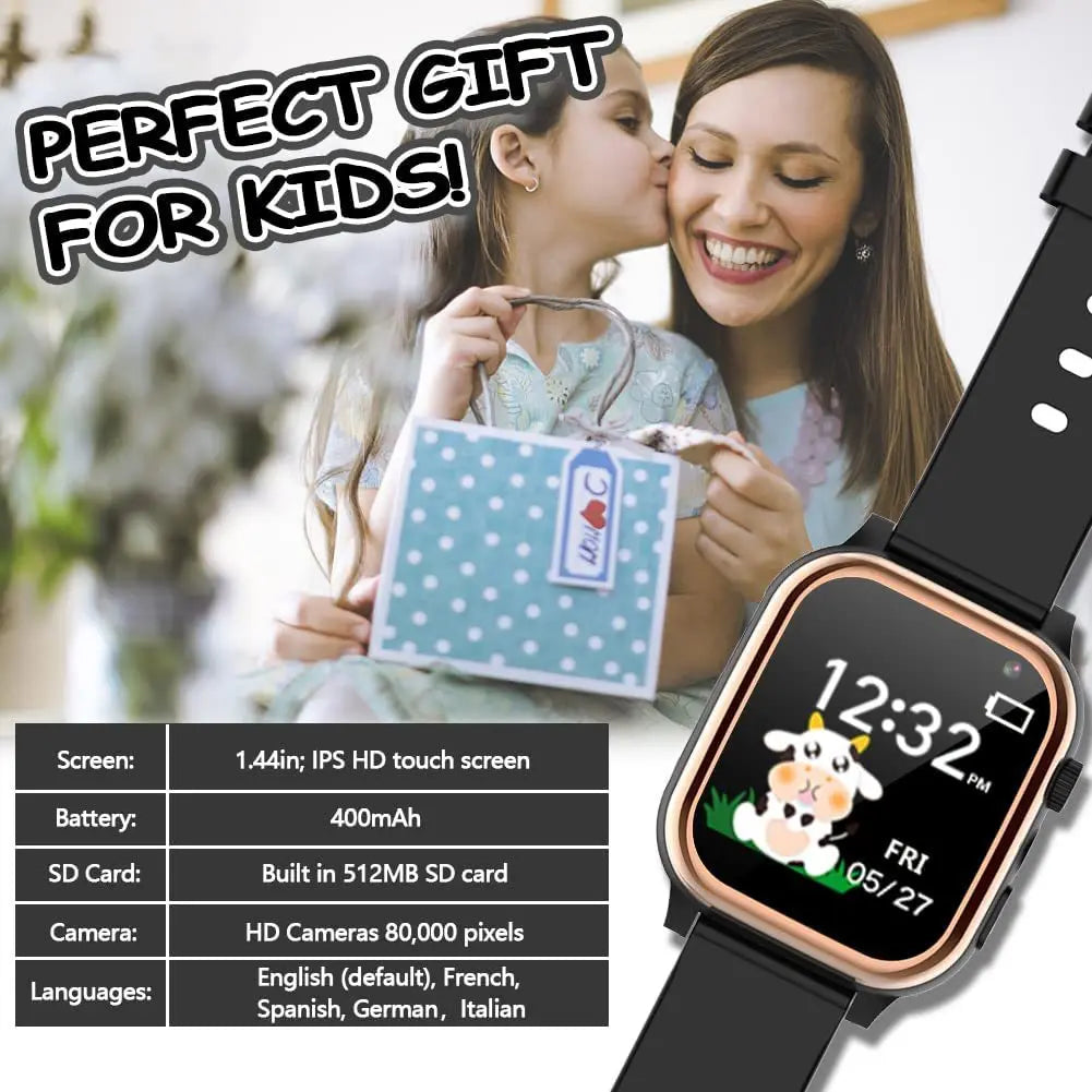 Montre connectée pour enfants, écran tactile HD, lecteur de musique, caméra, 16 jeux de puzzle, podomètre, calculatrice, lampe de poche, montre 12/24 h