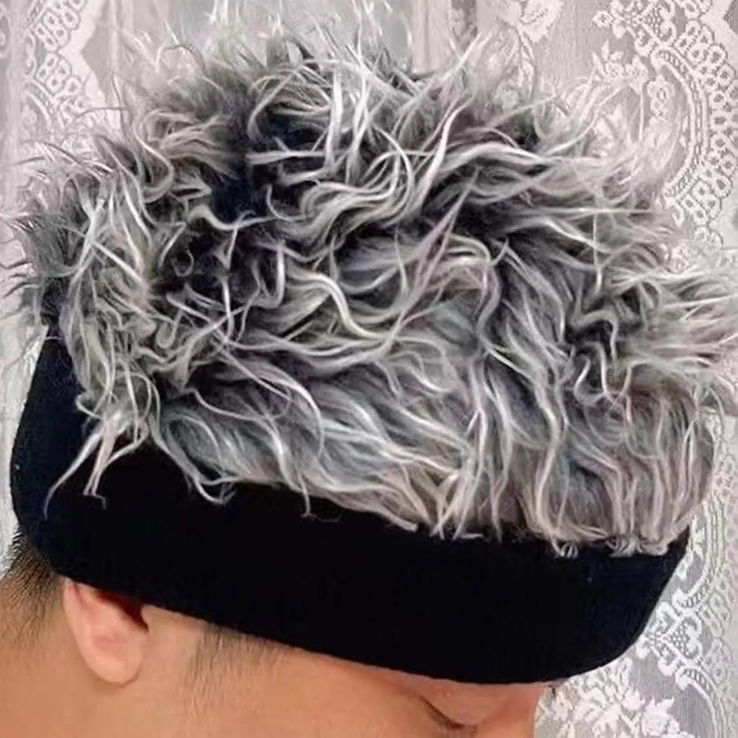 Novelty Grey Spiked Fake Hair Wig Beanie Hat, Unisex Funny Hip Hop Integrated Hair Headband Cap for Men Women Party Cosplay