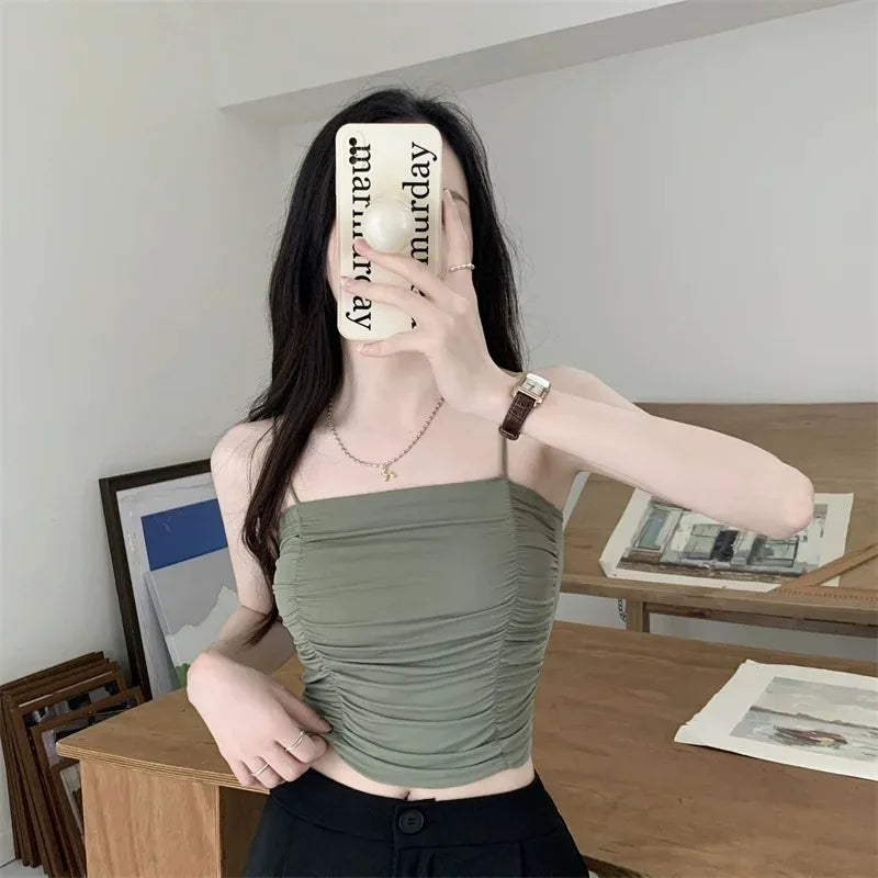 Camisetas sin mangas para mujer, tops sexys, tops de tubo para niñas con tirantes, camisola blanca para mujer, sujetadores acolchados, ropa de mujer, corsé.