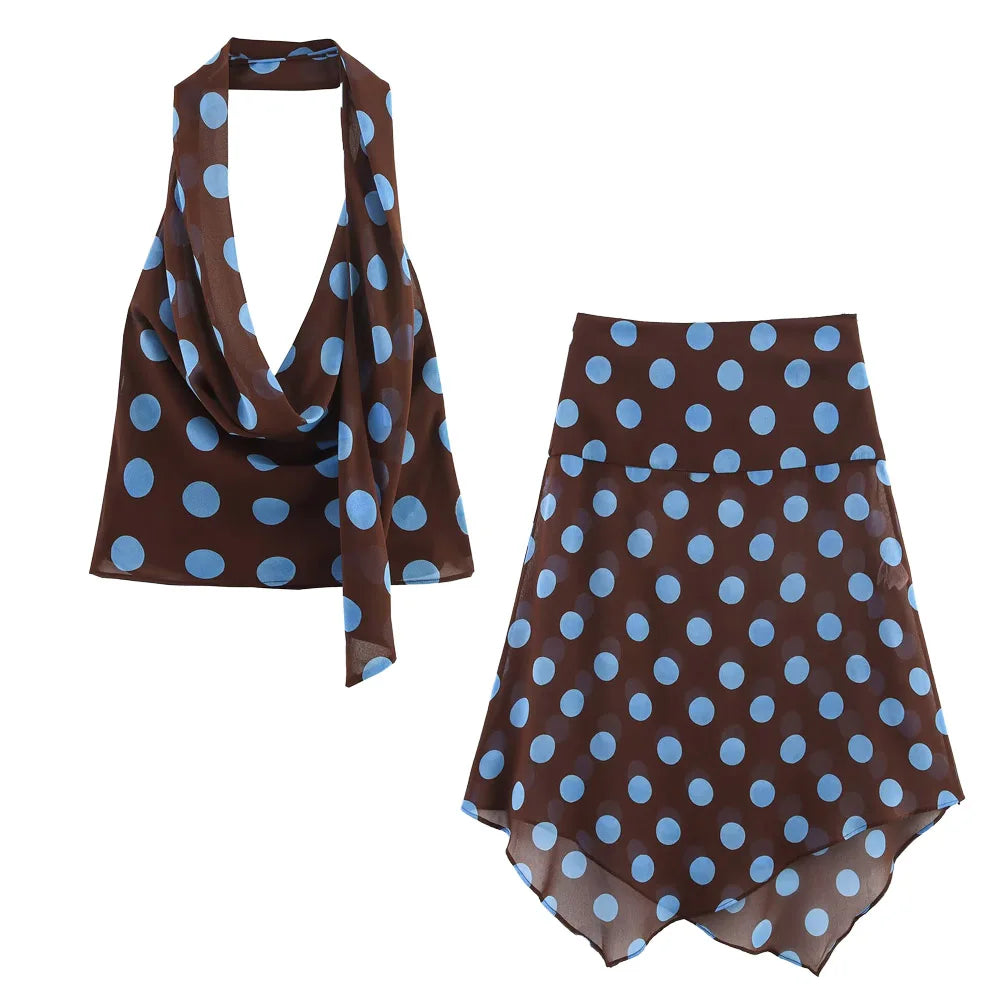 Women Summer Skirt Suits 2 Piece Set Asymmetrical Thin Long Skirt Sets Polka Dots Printed Hanging Collar Tops Women Suit Sets