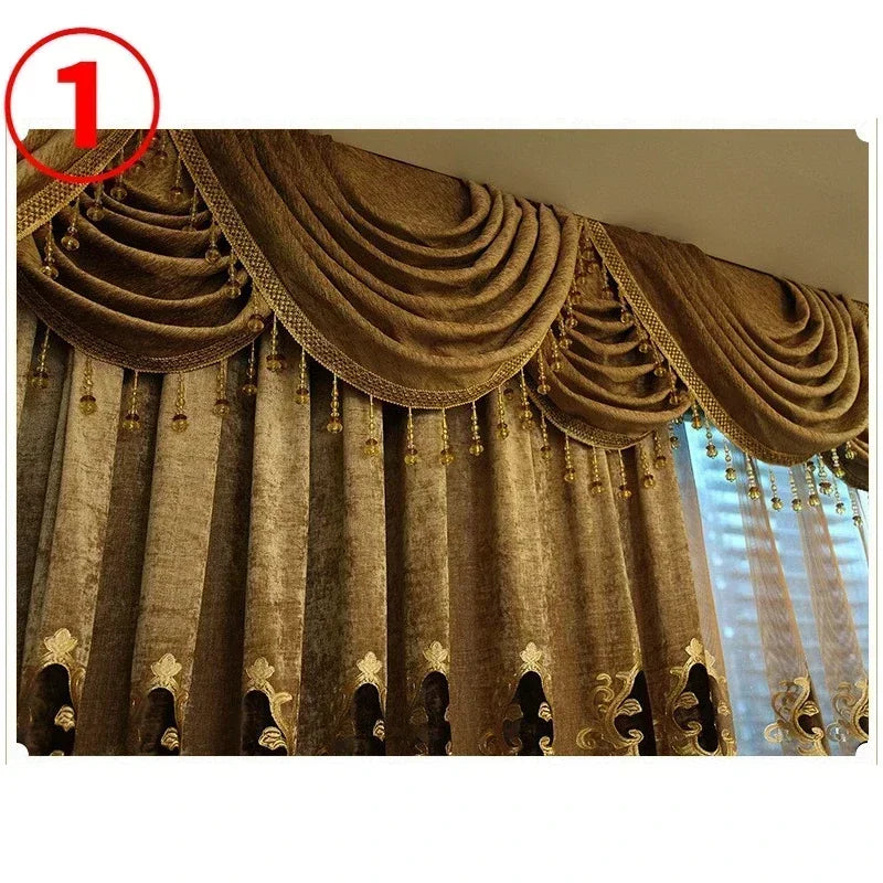 Cortinas de chenilla de terciopelo marrón y dorado