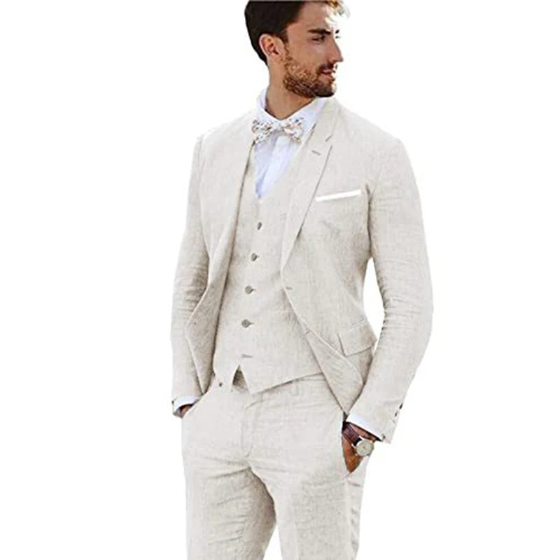 Traje de lino de nuevo diseño para hombres, 3 piezas, conjunto formal para boda o graduación, chaqueta slim fit, esmoquin para novio o padrino, traje para hombre