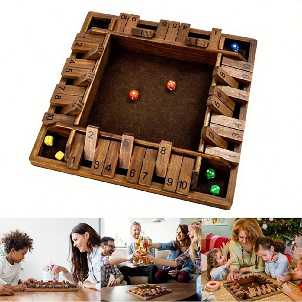Jeu de société classique en bois à 4 faces avec 2 dés et instructions de fermeture, version classique sur table et jeu de société de pub