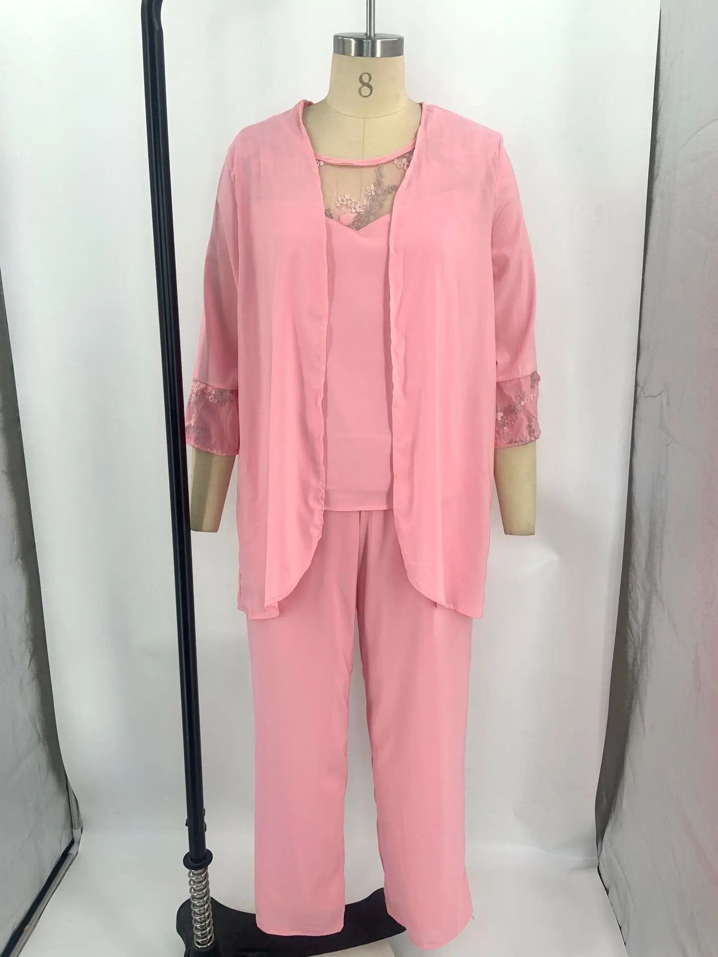 Conjuntos elegantes de pantalones para mujer, traje formal de oficina, tallas grandes, gasa, encaje, pantalones rectos, cárdigan, tops, conjuntos de 3 piezas para mujer