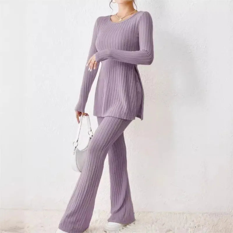 Ensemble deux piĂšces pour femme, vĂȘtements d'automne et d'hiver, nouveau style, couleur unie, sexy, dĂ©contractĂ©, manches longues, col rond, fente, mode tempĂ©rament