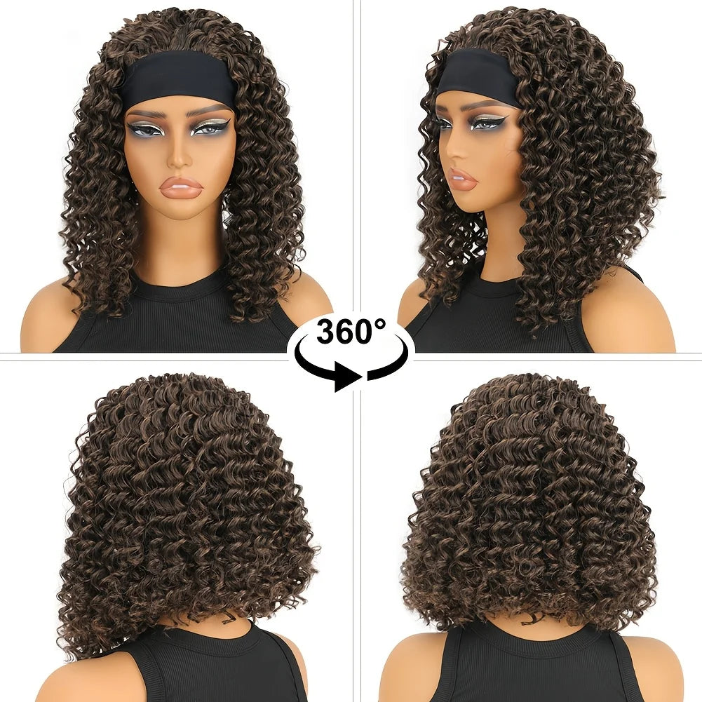 12" Afro Kinky Curly Headband Wig Synthetic Afro Curly Headband Wig Glueless Black Mix Brown Headband Wig For Women Daily Wear
