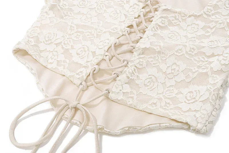 Ensemble 2 pièces jupe longue en dentelle et bandage pour femme, mode patchwork, dos nu, taille haute, élégant, à lacets