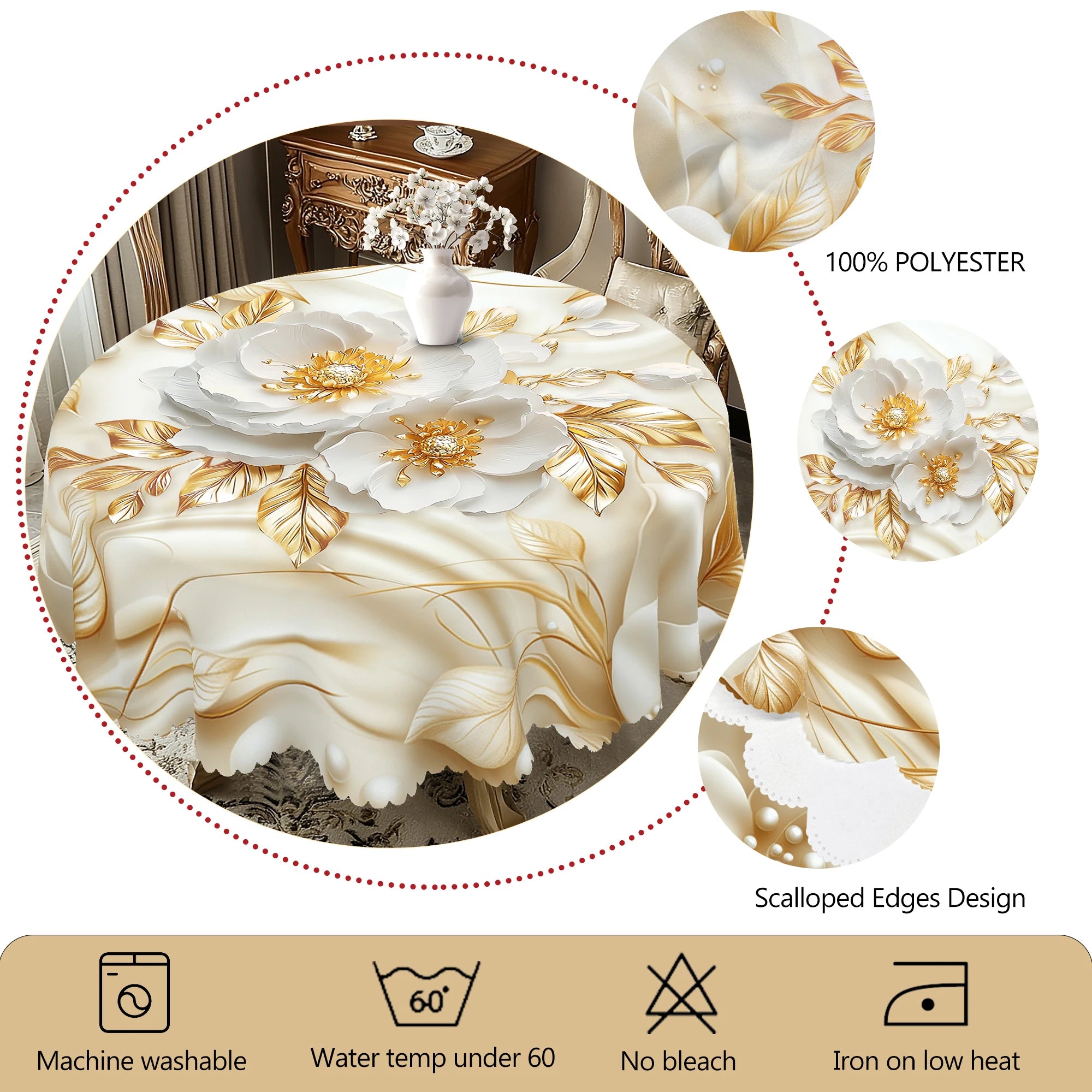Mantel de tela con estampado floral 3D dorado – Elegante decoración floral para fiestas y hogar
