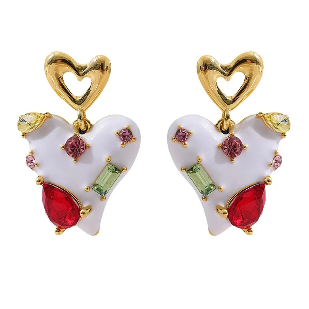 Nuevos exquisitos pendientes de circonita de colores en forma de corazón para mujer, pendientes de esmalte blanco a la moda con temperamento amoroso, joyería de boda