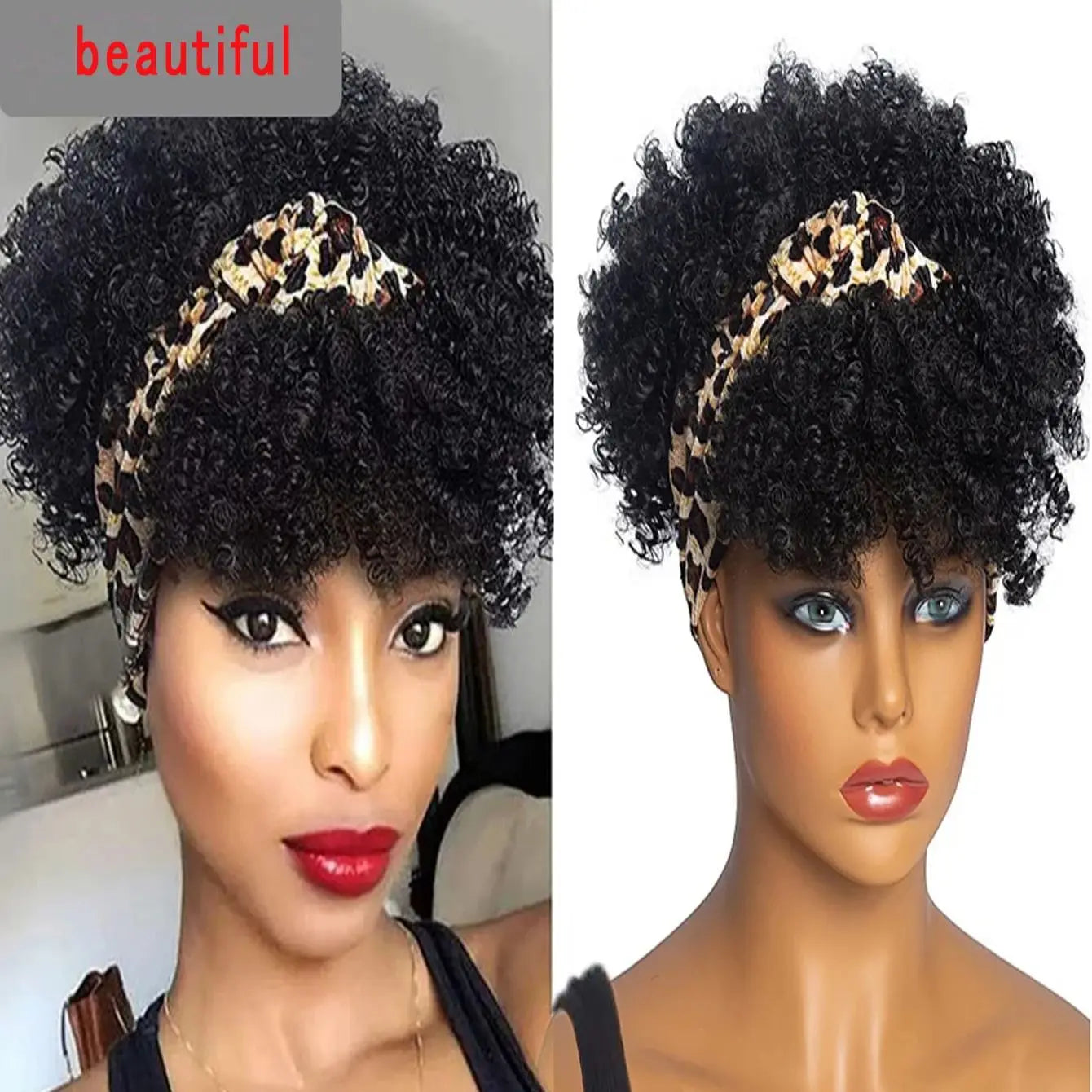 Synthetic wig short head African curly hair wig black female soft curly hair strap African headscarf wrapped around hair