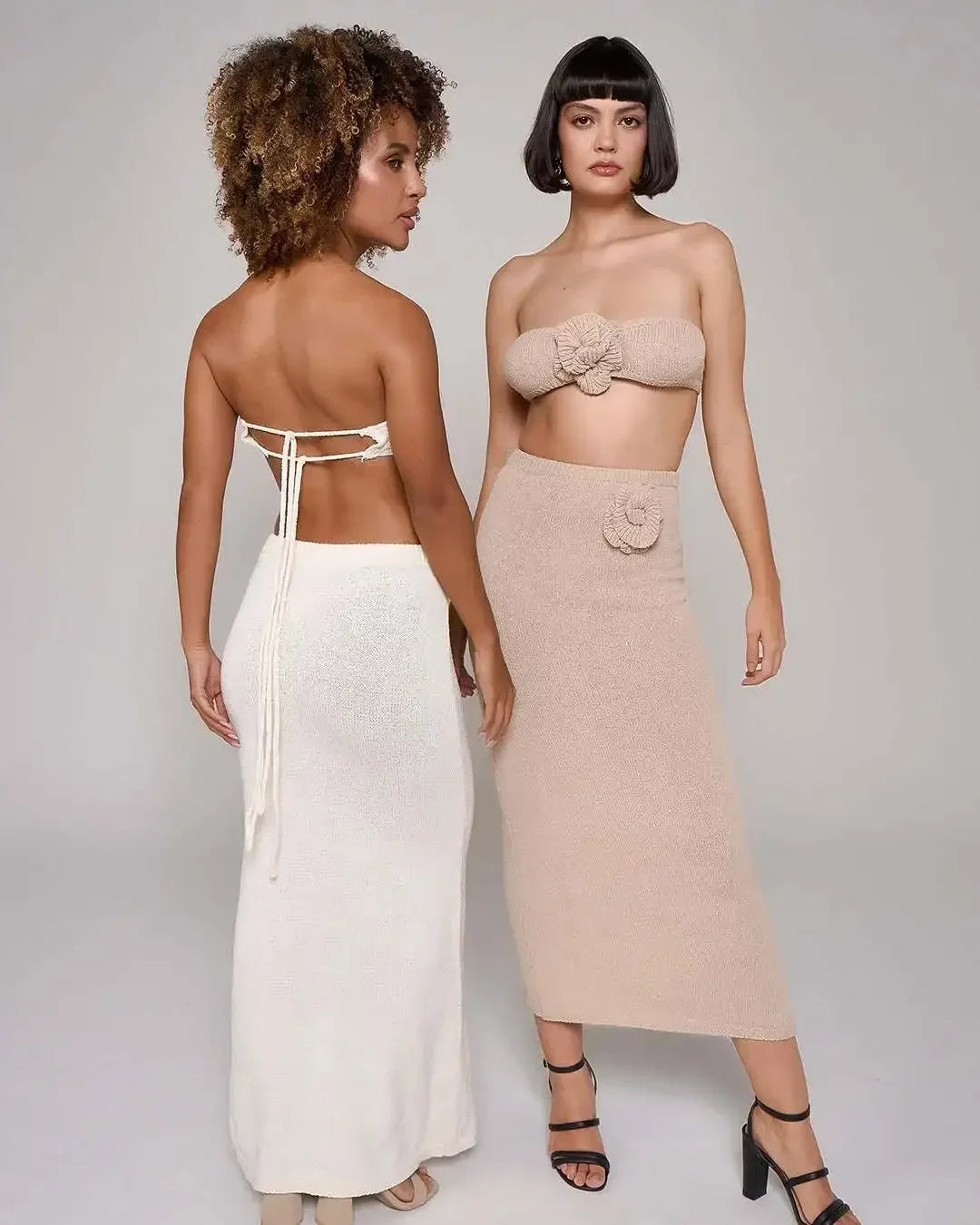 Conjunto de punto de 2 piezas para mujer, falda larga con retales florales, tops de tubo y falda de playa ajustada de cintura alta, conjuntos de punto para mujer