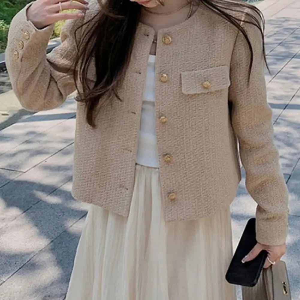 Rund halsjakke Stilig enkeltspent damekåpe for høst vår Langermet cardigan i ensfarget Løs passform for dating