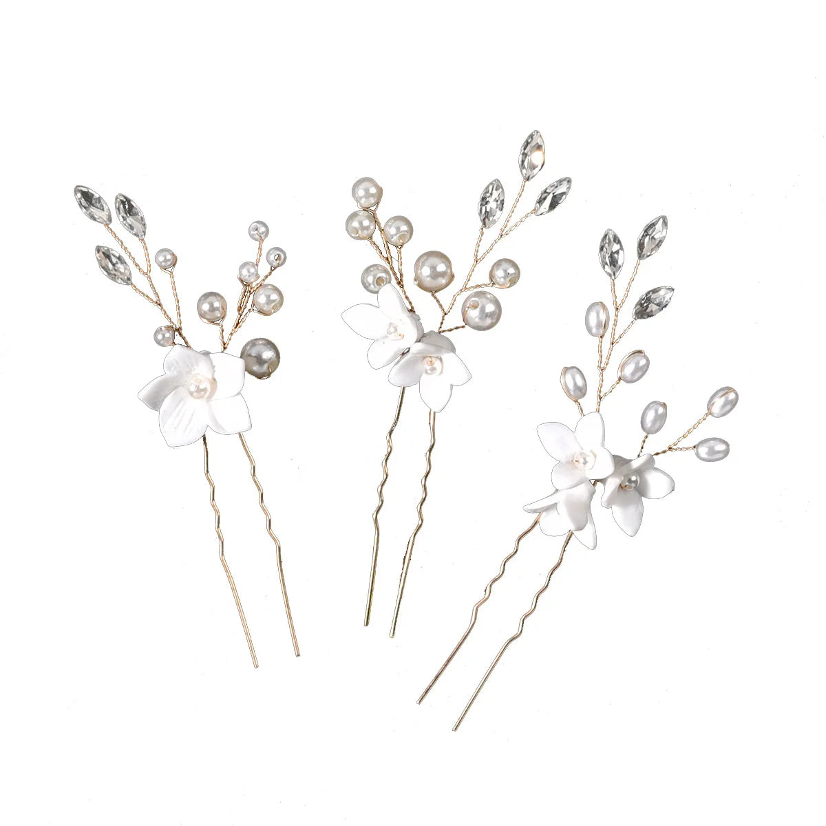 Horquilla en forma de U de 3 piezas con perlas y flores para mujer, accesorios de aleación para el pelo, tocado de joyería para boda