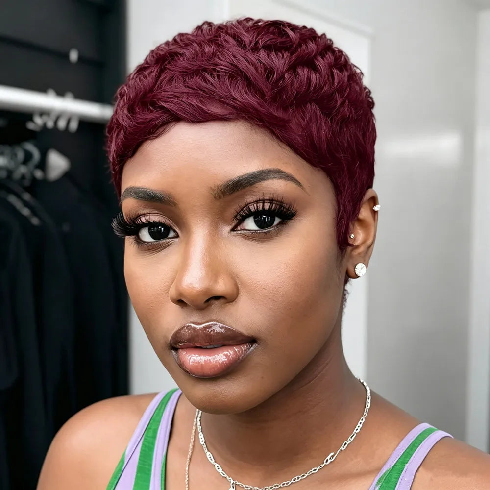 Perruque de cheveux humains coupe pixie couleur marron 99j 4 pouces 150 % densité fabrication à la machine perruques courtes droites dégradées de cheveux humains pour femmes usage quotidien cadeau
