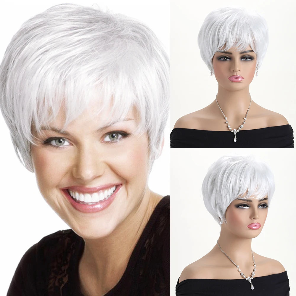 Short Natural Wigs with Bangs Soft Mommy Hair Daily Use Short Grey Ombre Curly Synthetic Hair Costume Party Wig for Women