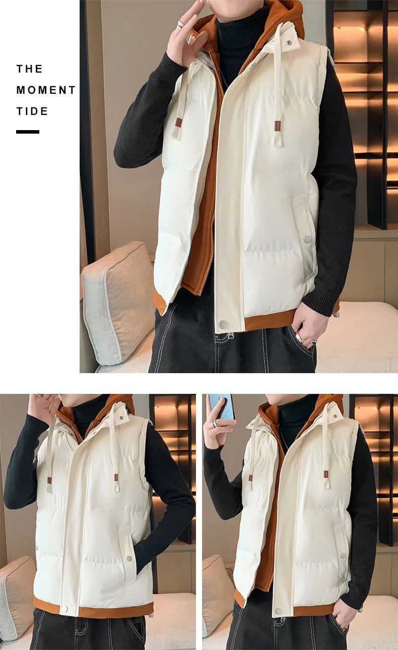 Chaleco cortavientos con capucha para hombre, chaqueta sin mangas, chaqueta de invierno, abrigo informal, chaleco grueso de algodón y plumón para hombre, abrigo grueso