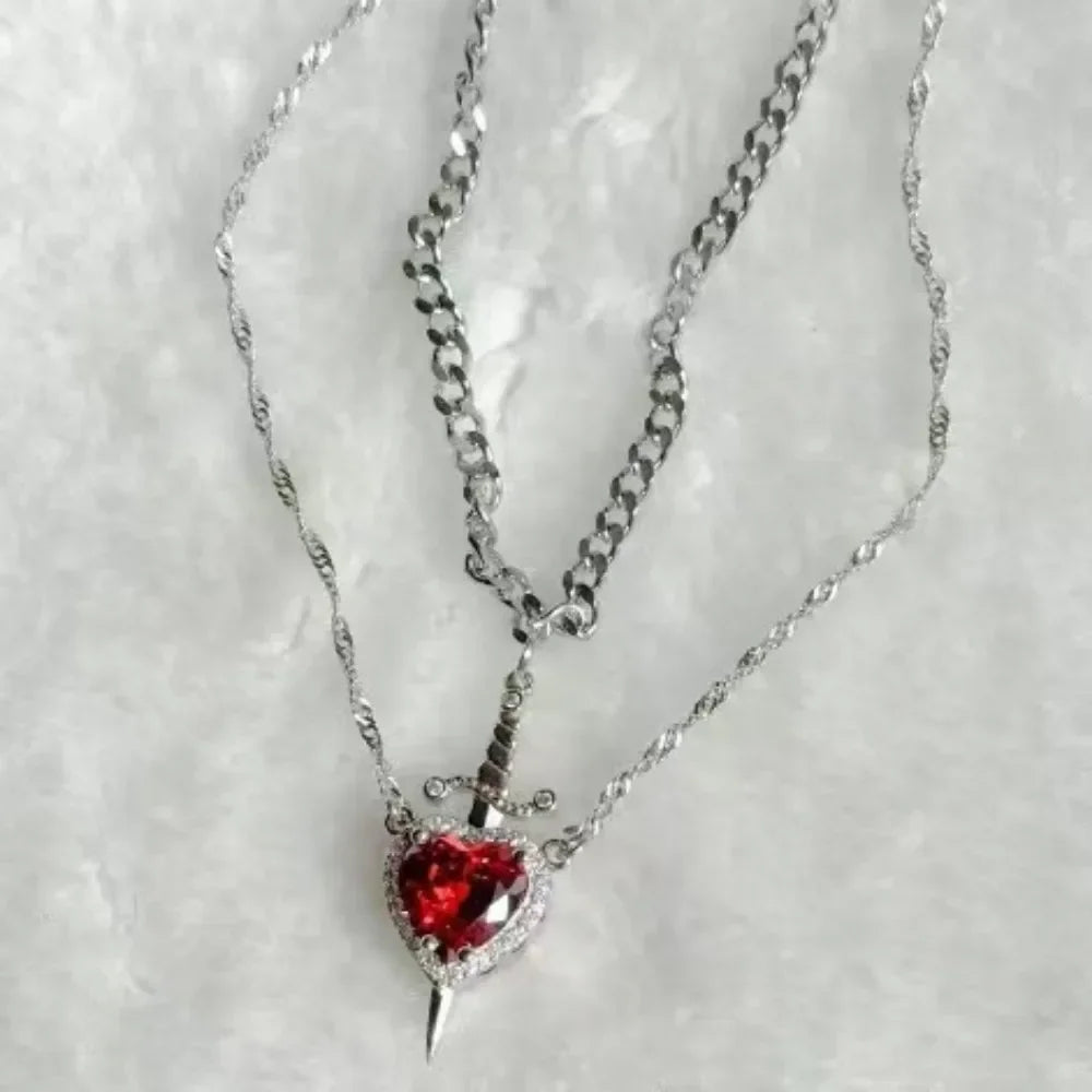Collar de corazón y espada Collares para parejas Anillo de cristal de circonita Pulsera Conjunto de joyas para regalos románticos del Día de San Valentín