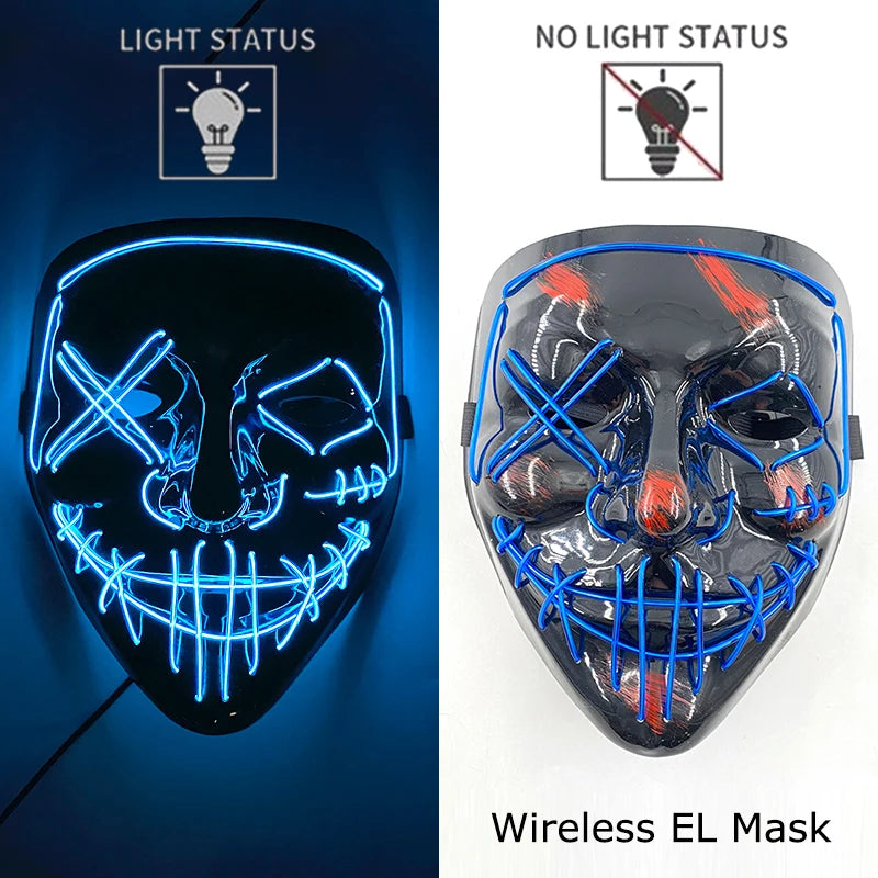 Máscara de purga LED de neón inalámbrica, que brilla en la oscuridad, máscara de cosplay de terror para Halloween, máscaras de fiesta de disfraces, accesorios luminosos divertidos