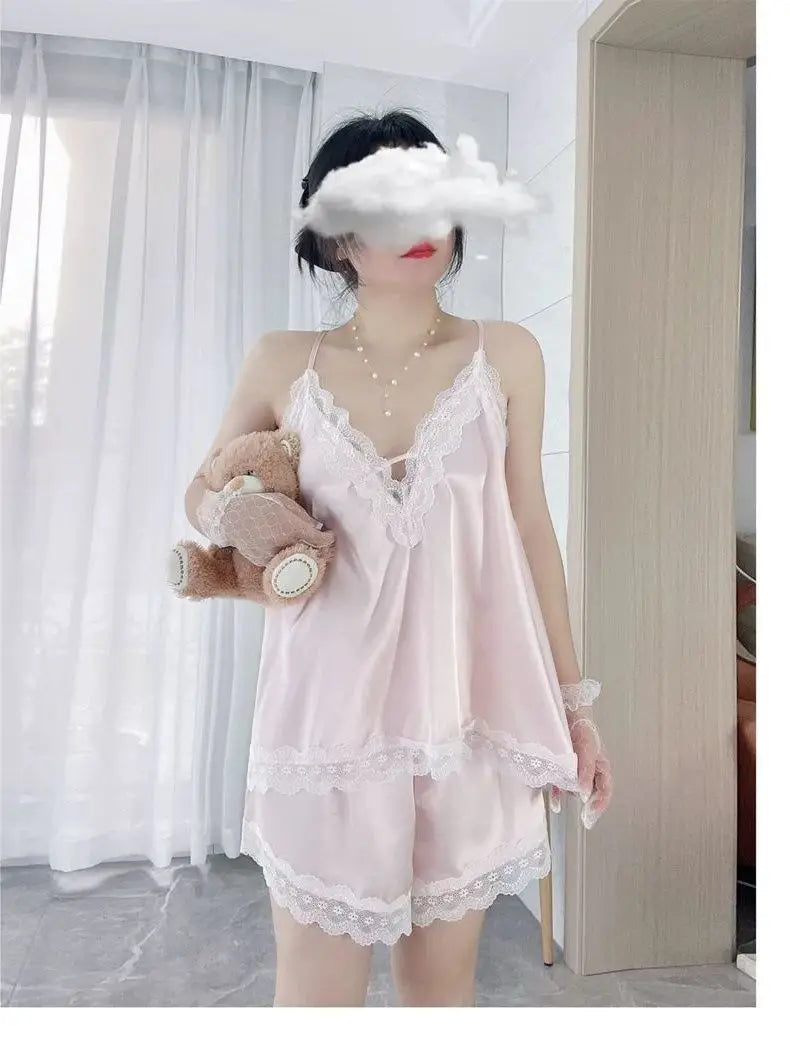 Conjuntos de pijama Y2K para mujer, ropa de hogar sexy de verano, talla grande, de seda fresca, suelta, elegante, con cuello en V y encaje, conjunto de dos piezas