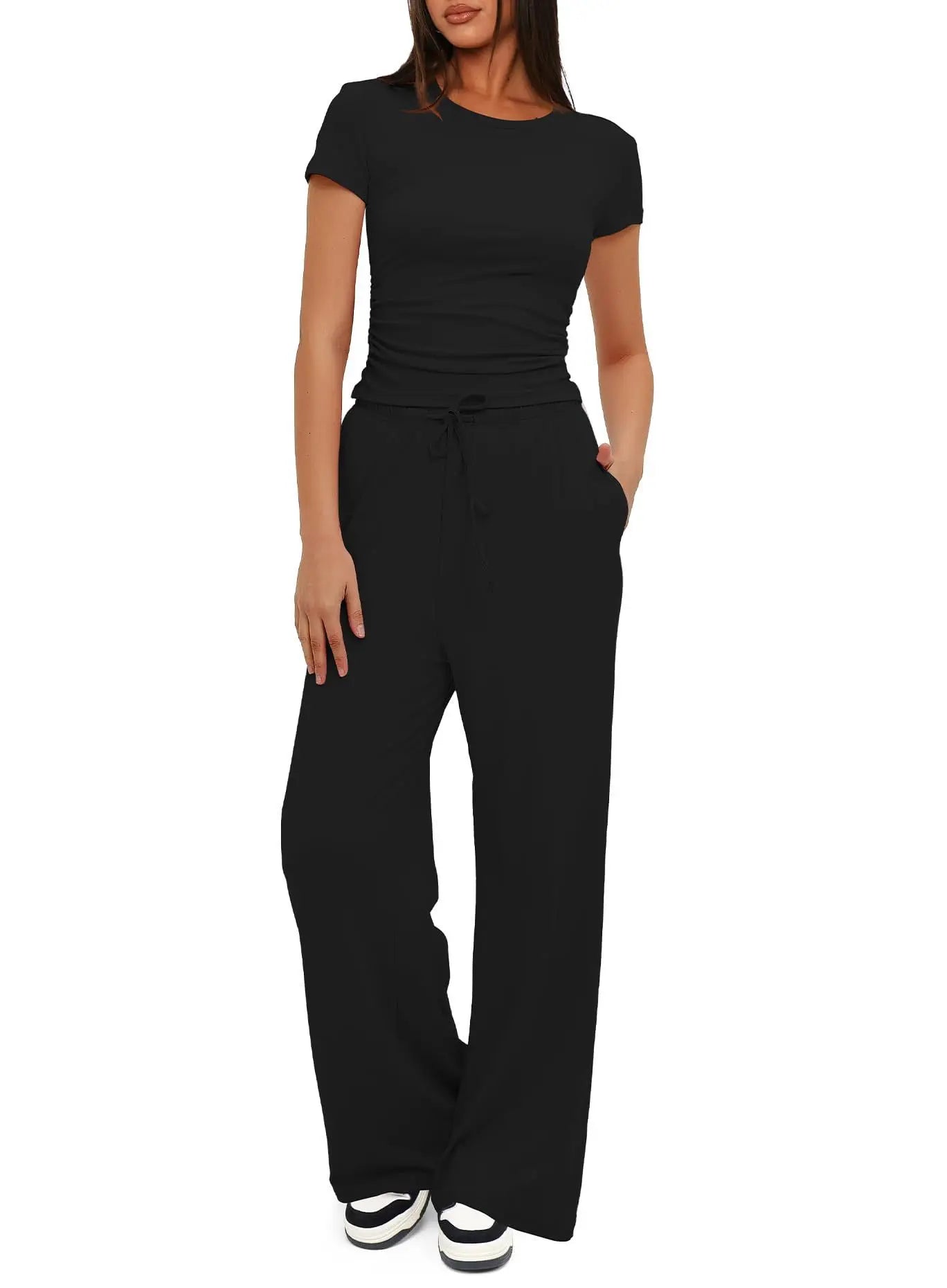 Conjunto de dos piezas de moda para mujer con top plisado de manga corta para comodidad informal y pantalones deportivos de pernera ancha y cintura alta